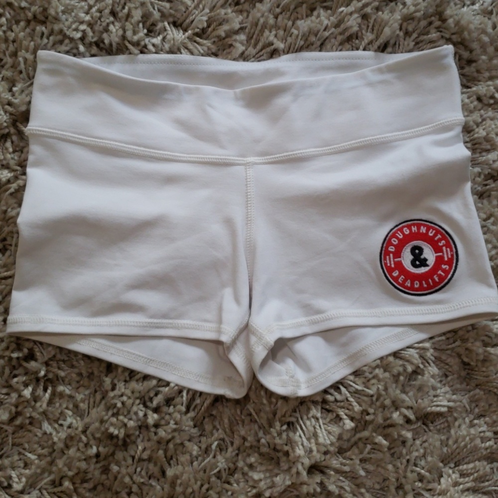 Sz S White Fleo Shorts w/ Doughnuts and Deadlifts